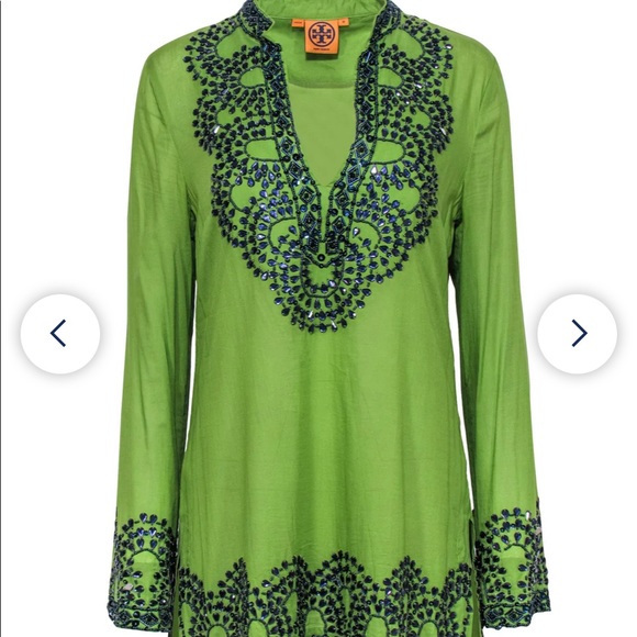TORY BURCH TUNIC BEADED GEMS SEQUINED GREEN SAPPHIRE BLUE 2 LONG SLEEVE SHIRT SF - Picture 2 of 16